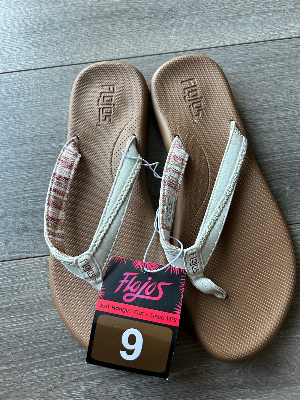 Flojos Women's Tan and Cream Striped Strap Flip Flops